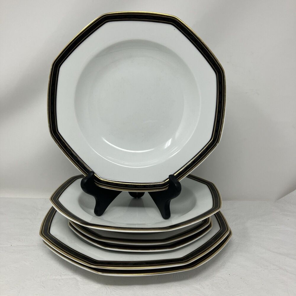 Christopher Stuart Black Dress Octagon Dinner Salad Plates Rimmed Bowls Lot Of 6